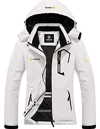 GEMYSE Chaqueta de Esquí Impermeable de Montaña para Mujer Abrigo de Invierno de Lana Antiviento con Capucha (Blanco 01,M)