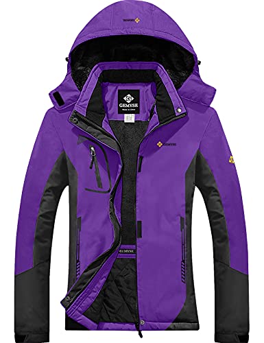 GEMYSE Chaqueta de Esquí Impermeable de Montaña para Mujer Abrigo de Invierno de Lana Antiviento con Capucha (Morado Gris 83,M)