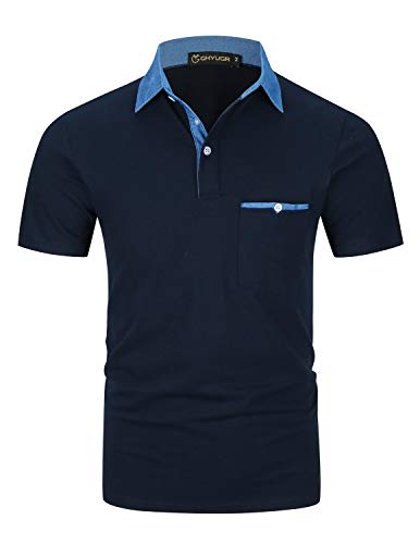 GHYUGR Polos Manga Corta Hombre Costura de Mezclilla Denim Camisas Slim Fit Camiseta Golf Poloshirt Oficina T-Shirt Verano Primavera,Azul,XXL