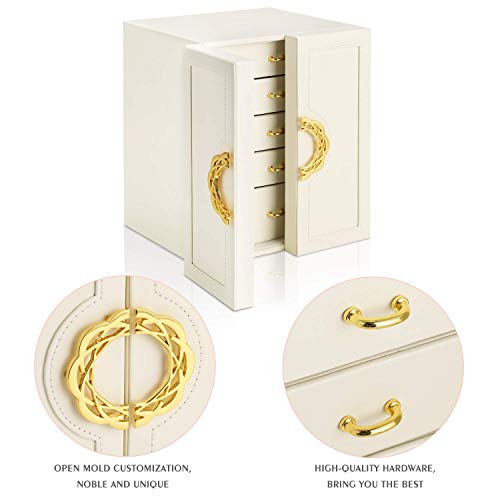 Gifort Caja Grande de Joyas, Caja Organizador de Joyas de Cuero de 5 Niveles para Pendientes, Anillos, Collares y Relojes, Caja Joyero para Mujer, Regalo Ideal, Blanco