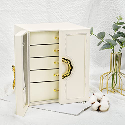 Gifort Caja Grande de Joyas, Caja Organizador de Joyas de Cuero de 5 Niveles para Pendientes, Anillos, Collares y Relojes, Caja Joyero para Mujer, Regalo Ideal, Blanco