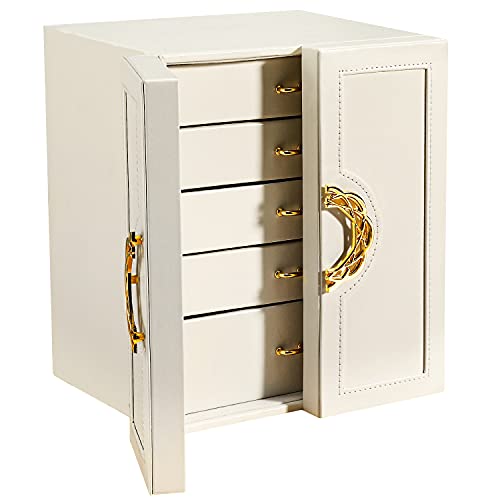 Gifort Caja Grande de Joyas, Caja Organizador de Joyas de Cuero de 5 Niveles para Pendientes, Anillos, Collares y Relojes, Caja Joyero para Mujer, Regalo Ideal, Blanco