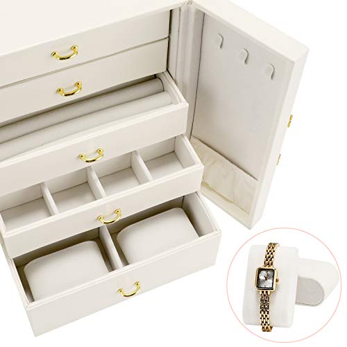 Gifort Caja Grande de Joyas, Caja Organizador de Joyas de Cuero de 5 Niveles para Pendientes, Anillos, Collares y Relojes, Caja Joyero para Mujer, Regalo Ideal, Blanco