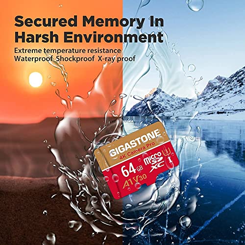 Gigastone Micro SD 64GB, Pack de 2, 4K Camera Pro para GoPro, Cámara de Acción, Wyze, Drone, Nintendo-Switch, 95/35MB/s Lec/Esc, UHS -I U3 A1 V30