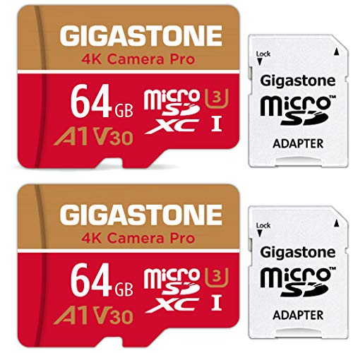 Gigastone Micro SD 64GB, Pack de 2, 4K Camera Pro para GoPro, Cámara de Acción, Wyze, Drone, Nintendo-Switch, 95/35MB/s Lec/Esc, UHS -I U3 A1 V30