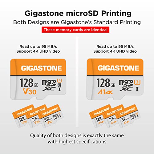 Gigastone Tarjeta de Memoria Micro SD 128 GB, Vídeo 4K UHD, Cámara de Vigilancia y Seguridad, Cámara de Acción, Drone Profesional, 95 MB/s Micro SDXC UHS-I A1 Clase 10