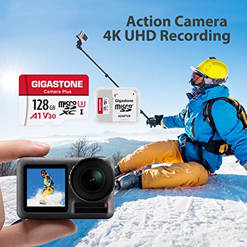 Gigastone Tarjeta Micro SD 128GB, Camera Plus, GoPro, Cámara de Acción, Cámara Deportiva, 100 MB/s de Alta Velocidad, Grabación de Vídeo 4K, Micro SDXC UHS-I A1 Clase 10