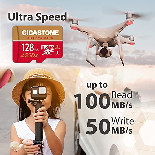 Gigastone Tarjeta Micro SD 128GB, Grabación de 4K Video para GoPro, Cámara de Acción, dji, Drone, Nintendo-Switch, 100/50MB/s Lec/Esc, UHS -I U3 A2 V30 C10