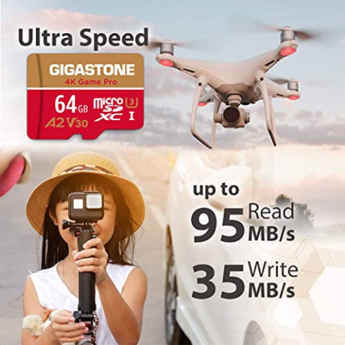 Gigastone Tarjeta Micro SD 64GB, Pack de 2, 4K Game Pro para Nintendo-Switch, GoPro, Cámara de Seguridad, Drone, UHD Video, 95/35MB/s, UHS -I U3 A2 V30 C10