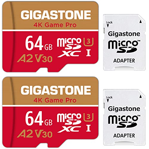 Gigastone Tarjeta Micro SD 64GB, Pack de 2, 4K Game Pro para Nintendo-Switch, GoPro, Cámara de Seguridad, Drone, UHD Video, 95/35MB/s, UHS -I U3 A2 V30 C10