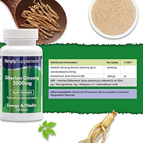 Ginseng siberiano 2000mg - ¡Bote para 6 meses! - Apto para veganos - 360 Comprimidos - SimplySupplements