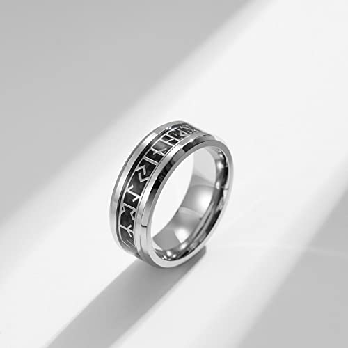 GJPSXTY Anillo nórdico Vikingo para Hombres y Mujeres de runas nórdicas símbolos de Acero Inoxidable Anillos de Banda Negro Plata 8# Plata