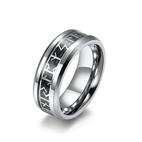 GJPSXTY Anillo nórdico Vikingo para Hombres y Mujeres de runas nórdicas símbolos de Acero Inoxidable Anillos de Banda Negro Plata 8# Plata