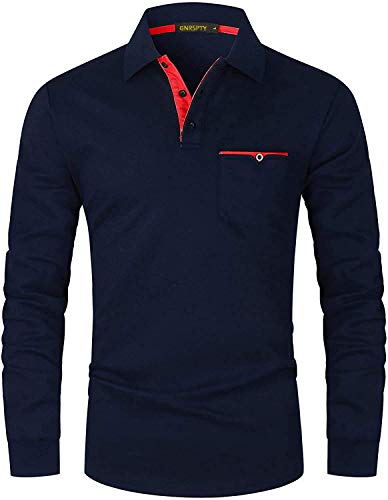 GNRSPTY Polo Manga Larga Hombre Algodon Slim Fit Camisetas Colores de Contraste con Bolsillos Reales Basic Golf Deporte Negocios T-Shirt Top,Azul 2,XL