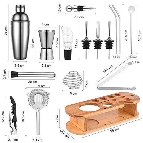 GOLDGE 17pz Juego de Cócteles para Hogar, Conjunto de Mezclador de Cócteles 750ml Abridor de Botellas y Vaso Medidor de Cóctel y Pinza de Hielo Acero Inoxidable Con Soporte De Exhibición De Madera