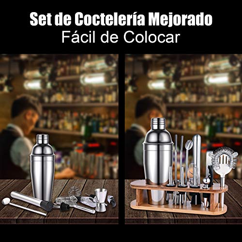 GOLDGE 17pz Juego de Cócteles para Hogar, Conjunto de Mezclador de Cócteles 750ml Abridor de Botellas y Vaso Medidor de Cóctel y Pinza de Hielo Acero Inoxidable Con Soporte De Exhibición De Madera