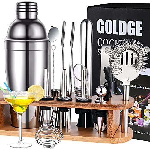 GOLDGE 17pz Juego de Cócteles para Hogar, Conjunto de Mezclador de Cócteles 750ml Abridor de Botellas y Vaso Medidor de Cóctel y Pinza de Hielo Acero Inoxidable Con Soporte De Exhibición De Madera