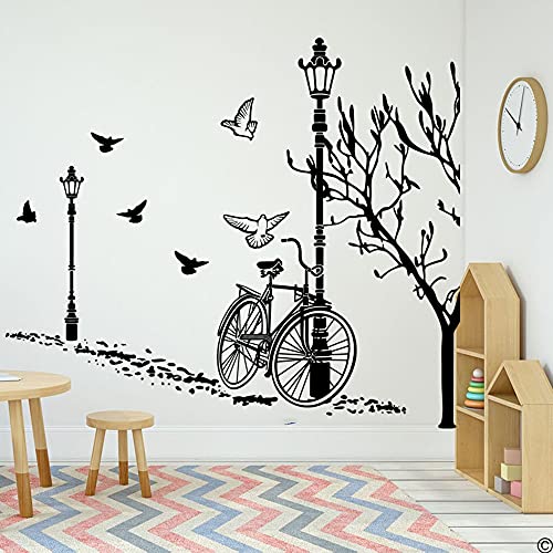 Gran otoño bicicleta luz de calle árbol pájaro pared calcomanía vida Mural ciudad paisaje vinilo pared pegatina arte calcomanía A5 56x48cm