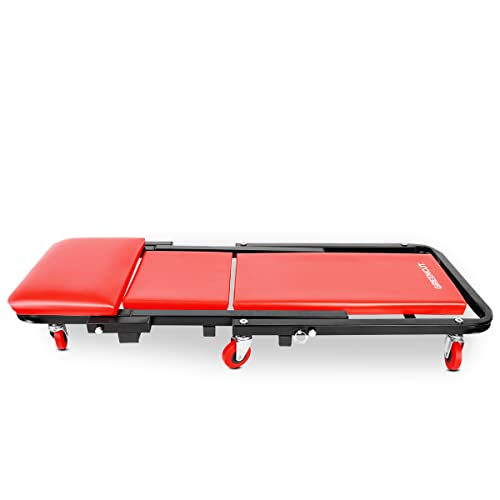 GREENCUT MFS400 - Camilla de taller mecánico convertible en asiento o taburete de trabajo, con reposacabezas, 150 kg carga máxima, 104x44 cm, rojo