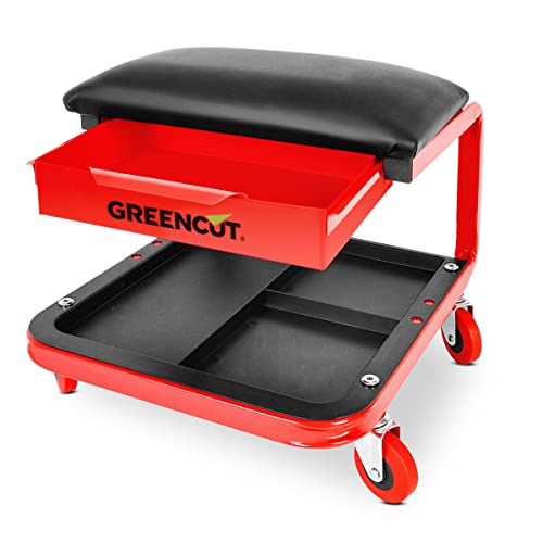 GREENCUT MSD90 - Silla-Taburete móvil para taller mecánico con cajón y soporte de herramientas, carga máx. 150 kg, asiento acholchado, color rojo-negro