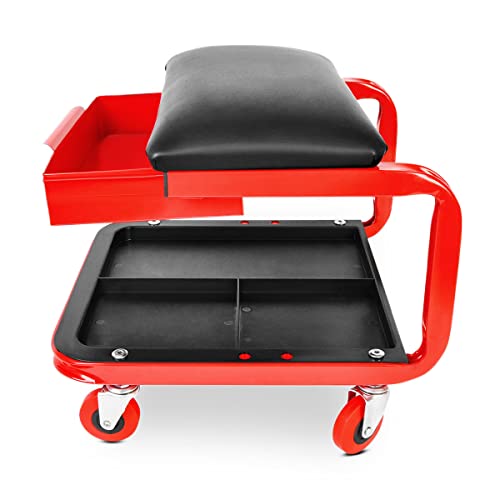 GREENCUT MSD90 - Silla-Taburete móvil para taller mecánico con cajón y soporte de herramientas, carga máx. 150 kg, asiento acholchado, color rojo-negro