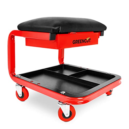 GREENCUT MSD90 - Silla-Taburete móvil para taller mecánico con cajón y soporte de herramientas, carga máx. 150 kg, asiento acholchado, color rojo-negro