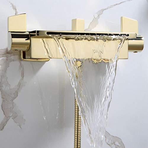 Grifo Bañera Cascada Con Grifo Ducha Monomando,moderno Grifo Bañera Cascada Pared Laton Con Alcachofa (Dorado)