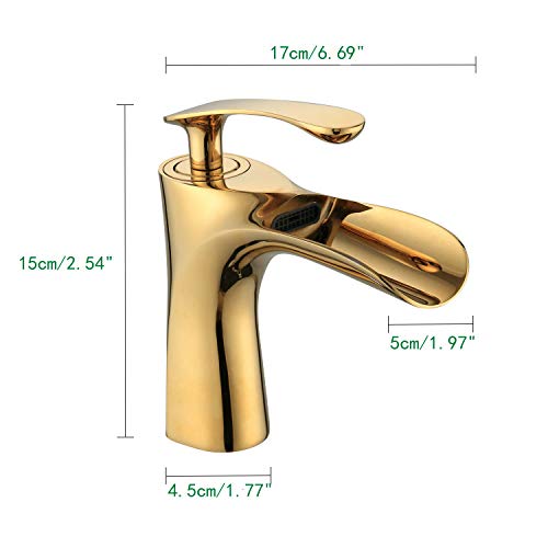 Grifo de lavabo de baño de lujo Acabado en cromo dorado Grifos de cascada de una sola manija para baño Estilo de novedad de lavabo de montaje de 1 orificio, LK75249G