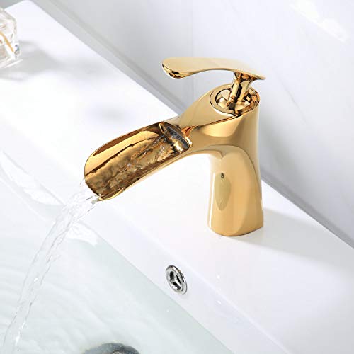 Grifo de lavabo de baño de lujo Acabado en cromo dorado Grifos de cascada de una sola manija para baño Estilo de novedad de lavabo de montaje de 1 orificio, LK75249G