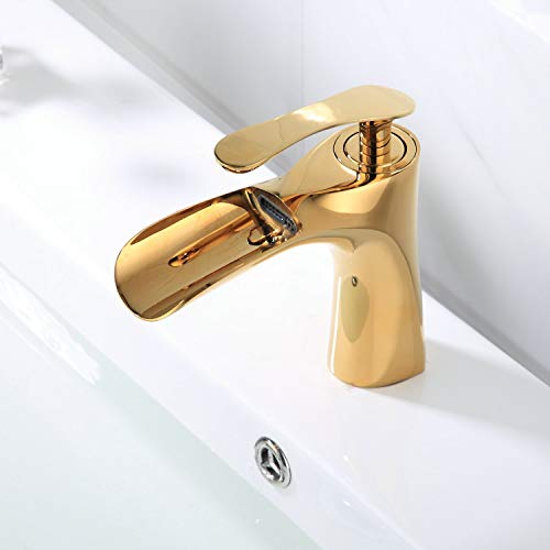 Grifo de lavabo de baño de lujo Acabado en cromo dorado Grifos de cascada de una sola manija para baño Estilo de novedad de lavabo de montaje de 1 orificio, LK75249G
