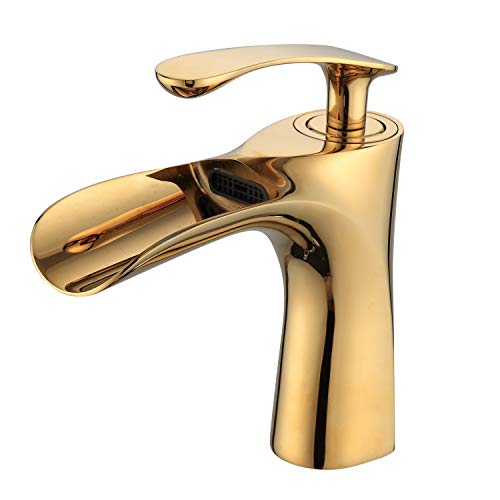 Grifo de lavabo de baño de lujo Acabado en cromo dorado Grifos de cascada de una sola manija para baño Estilo de novedad de lavabo de montaje de 1 orificio, LK75249G
