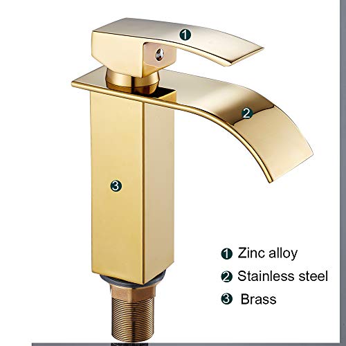 Grifo Monomando de Cascada para Lavabo y Fregadero, Cromado, para Baño Caliente y Frío, Grifo de Lavabo Dorado de Altura18cm