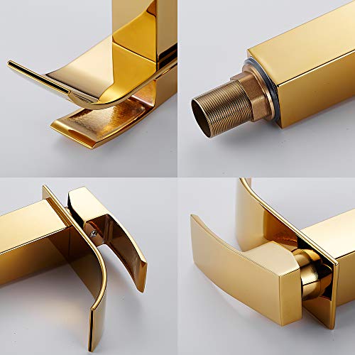 Grifo Monomando de Cascada para Lavabo y Fregadero, Cromado, para Baño Caliente y Frío, Grifo de Lavabo Dorado de Altura18cm