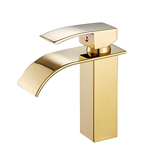 Grifo Monomando de Cascada para Lavabo y Fregadero, Cromado, para Baño Caliente y Frío, Grifo de Lavabo Dorado de Altura18cm