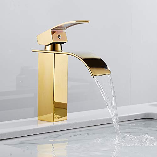 Grifo Monomando de Cascada para Lavabo y Fregadero, Cromado, para Baño Caliente y Frío, Grifo de Lavabo Dorado de Altura18cm