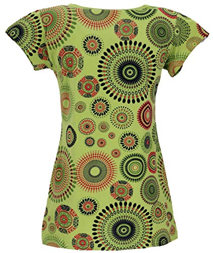 GURU SHOP Camiseta de manga corta para mujer, diseño de mandala bordado, de algodón, ropa alternativa verde lima Small/Medium