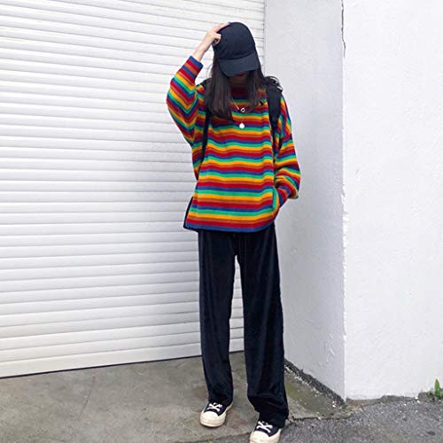 Gwxevce Mujeres Adolescentes Otoño Jersey de Manga Larga de Punto Coreano Harajuku Rainbow Stripe Patchwork Jumper Suelto Jersey Túnica Tops