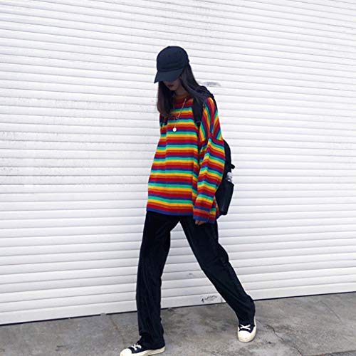 Gwxevce Mujeres Adolescentes Otoño Jersey de Manga Larga de Punto Coreano Harajuku Rainbow Stripe Patchwork Jumper Suelto Jersey Túnica Tops