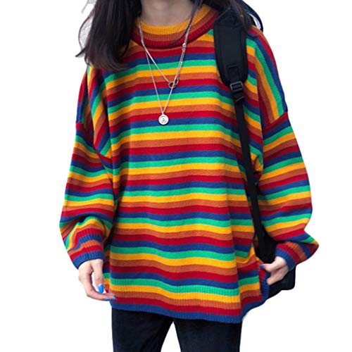 Gwxevce Mujeres Adolescentes Otoño Jersey de Manga Larga de Punto Coreano Harajuku Rainbow Stripe Patchwork Jumper Suelto Jersey Túnica Tops