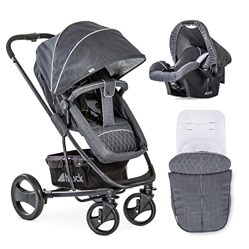 Hauck Pacific 4 Shop N Drive - Carro de Bebe de 6 Piezas, hasta 25 kg, Grupo 0+, Capazo Transformable, Silla Reversible, Colchón, Cubrecapazo, Cubrepies, Saquito, Ligero, Carbón Melange