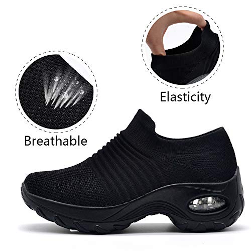 HKR Zapatillas Mujer de Running Walking Zapatos para Antideslizante Ligeras Sin Cordones Trabajo Ortopedicos Calzado Todo Negro 37 EU