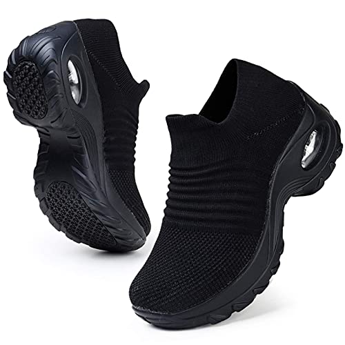 HKR Zapatillas Mujer de Running Walking Zapatos para Antideslizante Ligeras Sin Cordones Trabajo Ortopedicos Calzado Todo Negro 37 EU