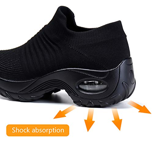 HKR Zapatillas Mujer de Running Walking Zapatos para Antideslizante Ligeras Sin Cordones Trabajo Ortopedicos Calzado Todo Negro 37 EU