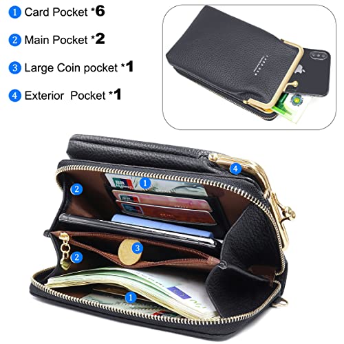 HNOOM Bolso de Teléfono Móvil para Mujer Cuero PU Cartera Movil Bolso para Movil y Cartera Pequeño Bolsos Bandolera para Mujer con Ranuras para Tarjeta y Cremallera Bolso Movil Monedero (Negro)