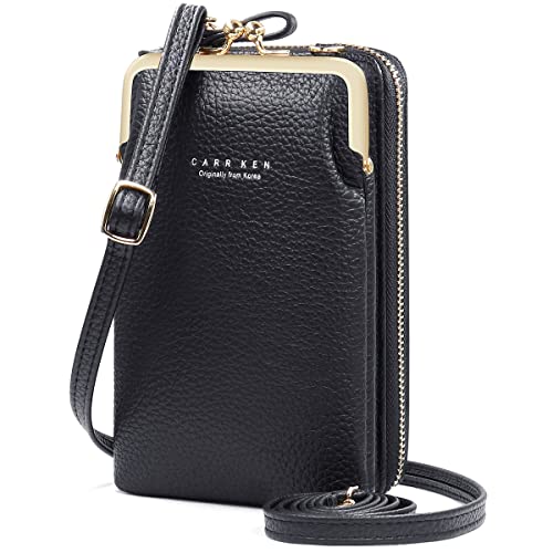 HNOOM Bolso de Teléfono Móvil para Mujer Cuero PU Cartera Movil Bolso para Movil y Cartera Pequeño Bolsos Bandolera para Mujer con Ranuras para Tarjeta y Cremallera Bolso Movil Monedero (Negro)