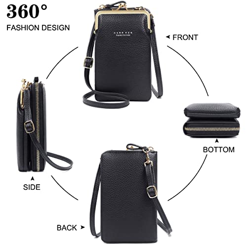 HNOOM Bolso de Teléfono Móvil para Mujer Cuero PU Cartera Movil Bolso para Movil y Cartera Pequeño Bolsos Bandolera para Mujer con Ranuras para Tarjeta y Cremallera Bolso Movil Monedero (Negro)