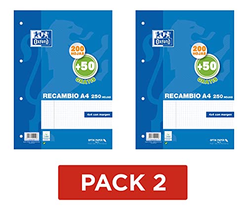 Hojas cuadriculadas A4, Pack de 2 Recambios Oxford, 200 + 50 hojas cada uno, Cuadrícula 4 x 4 [Exclusiva Amazon]