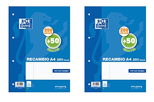 Hojas cuadriculadas A4, Pack de 2 Recambios Oxford, 200 + 50 hojas cada uno, Cuadrícula 4 x 4 [Exclusiva Amazon]