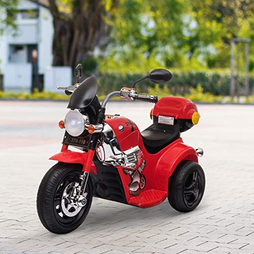 HOMCOM Moto Triciclo Eléctrico para Niños de +18 Meses Moto Eléctrica Infantil con 3 Ruedas Batería 6V con Botón de Música Bocina Luces y Maletero 87x46x54 cm Rojo