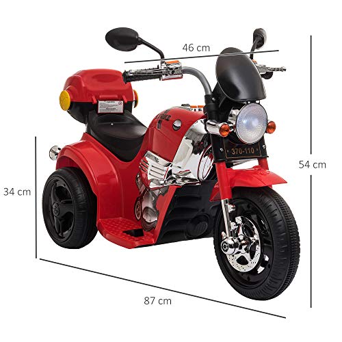 HOMCOM Moto Triciclo Eléctrico para Niños de +18 Meses Moto Eléctrica Infantil con 3 Ruedas Batería 6V con Botón de Música Bocina Luces y Maletero 87x46x54 cm Rojo